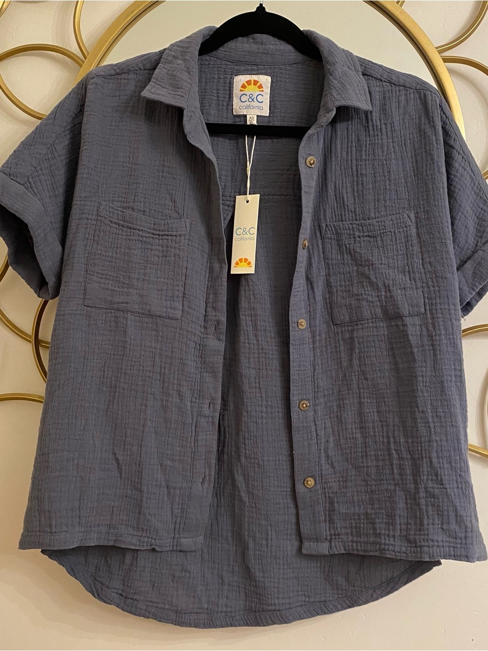 C&C California Slate Blue Double Gauze Cotton Boxy Short Sleeve Shirt XS Crinkle